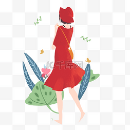 红色森系女孩手绘插画png