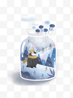 手绘可爱玻璃瓶中企鹅的家园元素