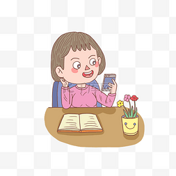 看书玩手机图片_卡通手绘人物阅读书籍女孩看手机