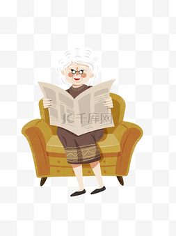 坐在沙发上看报纸的老奶奶