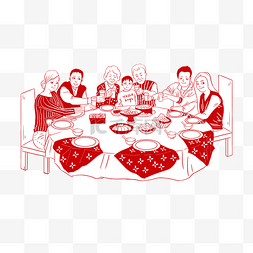 剪纸风格图片_手绘剪纸风格全家人吃年夜饭除夕