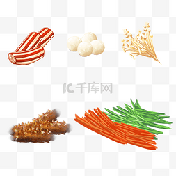 手绘美食插画图片_卡通手绘美食蟹肉棒肉丸子金针菇