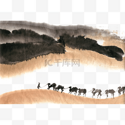 沙洲骆驼水墨画PNG免抠素材