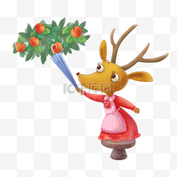 圣诞节小麋鹿拿雨伞摘苹果