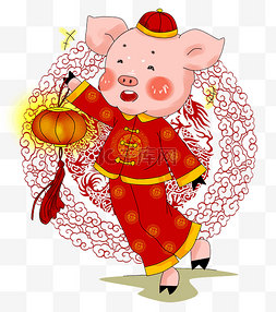 春节背景图片_卡通手绘厚涂春节猪猪提灯笼拜年
