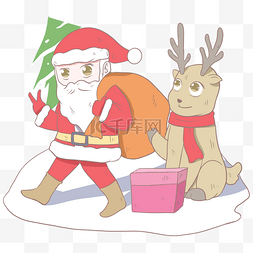 绿色手绘圣诞树图片_圣诞老人和麋鹿插画