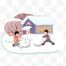 圣诞手绘场景图片_冬季雪景小孩堆雪人手绘插画