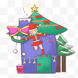 圣诞节小女孩与礼物山插画
