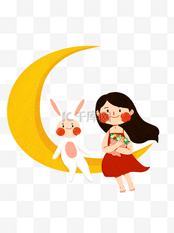 卡通坐月亮上图片_手绘坐在月亮上的小孩和兔子插画