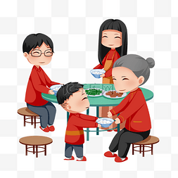 卡通母女图片_元宵节可爱卡通娃娃一家人吃饭吃