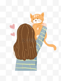 手绘小女孩和猫咪举高高有爱插画