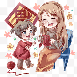 福字窗花图片_新年的母女俩庆祝过年
