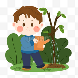 植树节卡通男孩浇水PNG素材