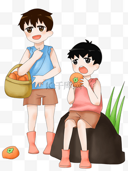 秋季秋分卡通手绘男孩摘柿子插画