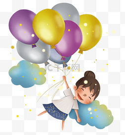 气球上儿童节图片_儿童节天空上的女孩和彩色气球