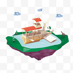 平静的湖面图片_绿色悬空岛上的大船
