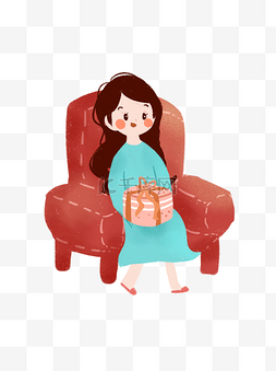 卡通可爱拿着礼物坐在沙发上的女