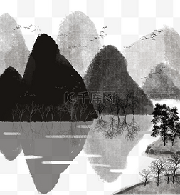 中国山水风背景图片_远山近水古风写意画