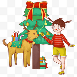 圣诞手绘场景图片_圣诞节小男孩与麋鹿插画