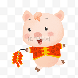 新年可爱小猪放鞭炮插画