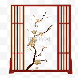 梅花金色红色窗框边框手绘