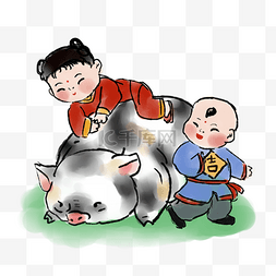 2019猪年中国风水墨年画福娃与猪