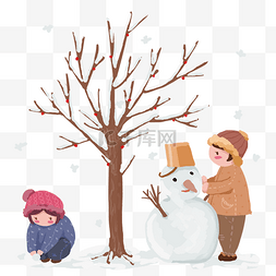 树枝小寒图片_小寒节气下雪树下堆雪人