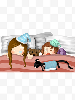 安睡的女孩图片_晚安睡觉的孩子和小猫手绘设计可