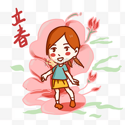 手绘桃花小鸟图片_立春桃花开开心小女孩