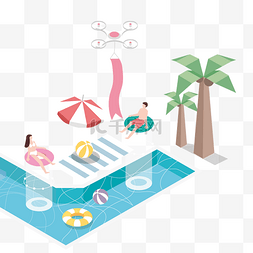 手绘太阳伞图片_2.5D卡通手绘夏日游泳戏水的男女