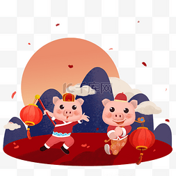 粉红猪猪图片_可爱猪中国红唐装灯笼远山元旦新