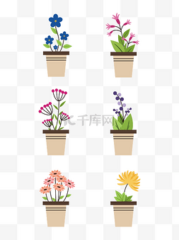 矢量花卉盆栽图片_矢量卡通手绘花卉盆栽组合可商用