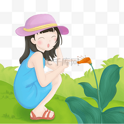 手绘花和花图片_立夏外出踏青女孩和花