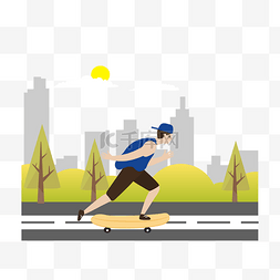 滑板剪影运动图片_卡通风玩滑板的城市少年