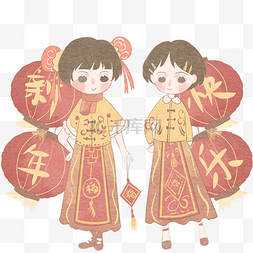 中国新年灯笼红色图片_姐妹提福共度新春