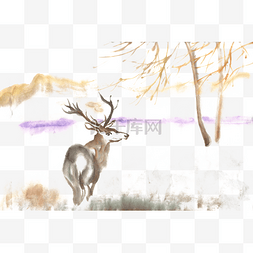 麋鹿素材免抠图片_山野麋鹿水墨画PNG免抠素材