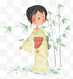 日本和服少女图片_春天竹子旁的和服少女