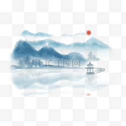 红色水墨图片_水墨山水手绘插画