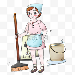 手绘卡通社区服务打扫的阿姨