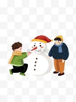 卡通冬天两个堆雪人的小孩可商用