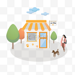 插动物画风图片_2.5d卡通插画风去宠物商店的女人