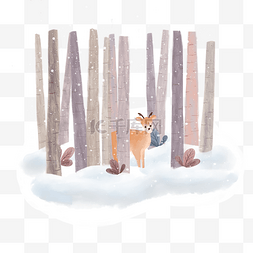冬季雪景林深见鹿手绘插画