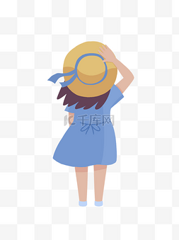 连衣裙女孩图片_手绘卡通黄色帽子蓝色连衣裙女孩