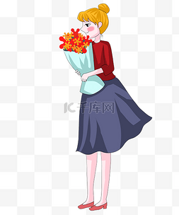 红色卡通花朵图片_春天红色系拿大束花的女孩