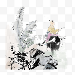 古风山水手绘图片_中国风水墨人物牧童插画手绘风PNG