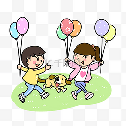 卡通春游儿童和气球png透明底