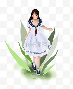 芦苇河边图片_夏至出游的女学生