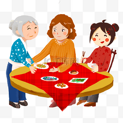 年夜饭海报设计图片_卡通手绘春节一家人开心吃年夜饭