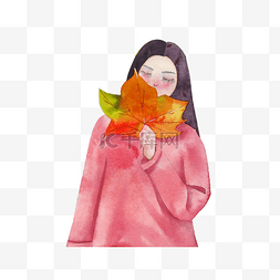 秋季手绘水彩女孩和枫叶