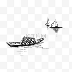 线性复古图片_水墨山水简约线性黑色渔船